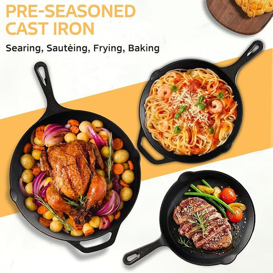 EWFEN Cast Iron Skillet 3-Piece Set, 8", 10" & 12" Pre-Seasoned Frying Pans, Heavy-Duty Professional Restaurant Chef Quality Cookware w/Drip Spout, Indoor & Outdoor Use, Oven, Stove, Grill & Campfire