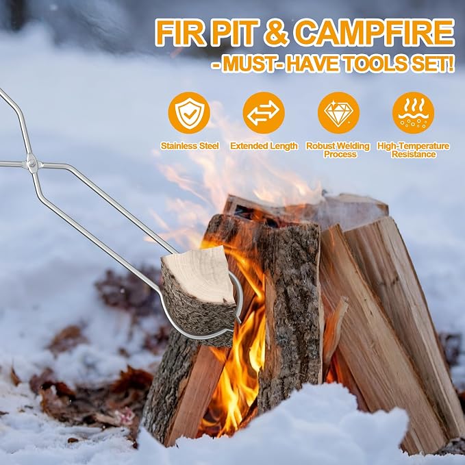 40" Fire Tongs Fire Pit Tongs Set, 304 Stainless Steel Log Grabbers Fire Poker Set, Fire Pit Tools Fireplace Tongs for Campfire, Picnic and Backyard