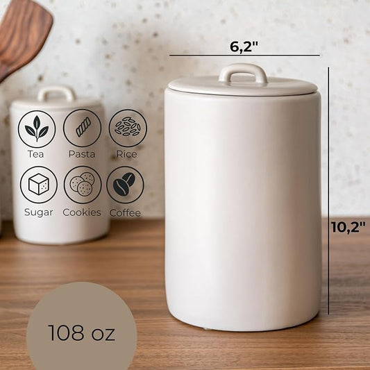 Ceramic Food Storage Jars 108Oz, Snack Containers, Airtight Lid, Kitchen Countertop Canisters for Grounds Coffee, Pods, Tea, Flour, Sugar, Rice, Pantry Organization, Containers set