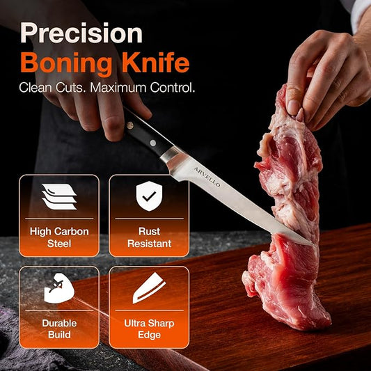 Arvello Boning Knife - 7-Inch Professional Deboning & Meat Trimming Knife for Home Cooking, Culinary Use - Full Tang High Carbon German Steel Blade, 58 HRC Ultra-Sharp Edge, Dishwasher-Safe G10 Handle