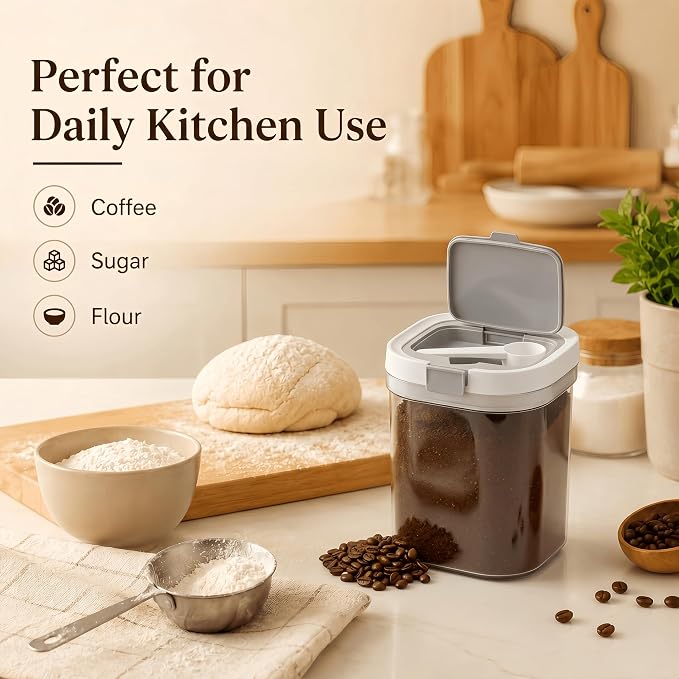 Airtight Brown Sugar Container with Spoon - 44 Fl Oz (1.3L) Clear Storage Jar for Pantry - BPA-Free AS Material Perfect for Ground Coffee (Holds 19 oz Weight), Beans, Flour & Tea