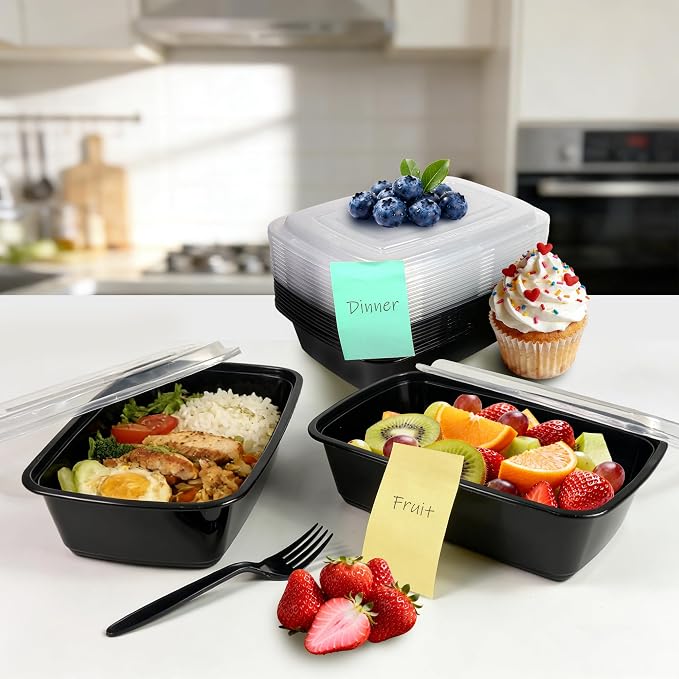 12 Pack Meal Prep Containers 38oz Food Prep Containers with Lids Forks and Sticky Note for Food Safe Take Out Plastic Food Storage Dessert Containers Salad Containers