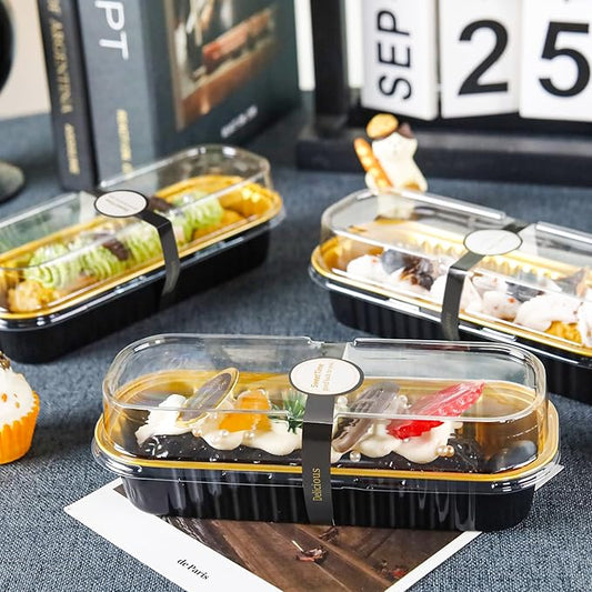 50 Pack Mini Loaf Pans with Lids Rectangle Individual Cake Pans Aluminum Foil Pans for Large Gatherings Picnics Vacations Parties, Graduation Gifts Party Favors(Black Gold, 6.8 OZ)