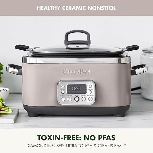 GreenPan Elite 14-in-1 Programmable 6QT Electric Slow Cooker, Dishwasher Safe Lid & Removable Crock, PFAS-Free Healthy Ceramic Nonstick Multi-Cooker, Sear, Sautรฉ, Brown, Steam Basket, Roast, Clay