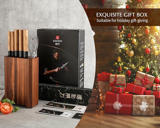 XINZUO Knife Block Set,Hand Forged 67 Layers Damascus Steel,7 Pieces Professional Chef Knife Set with Block&Kitchen Shear&Block, Razor Sharp, Olive Wood Octagonal Handle,Exquisite Box Package