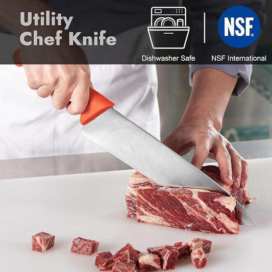 CURTA 10-inch Commercial-Grade Chef's Knife, NSF Listed, Ergonomic, Non-slip Red Handle, High Carbon 420 Stainless Steel Forged Blade Straight Edge, Dishwasher Safe, Rust Proof