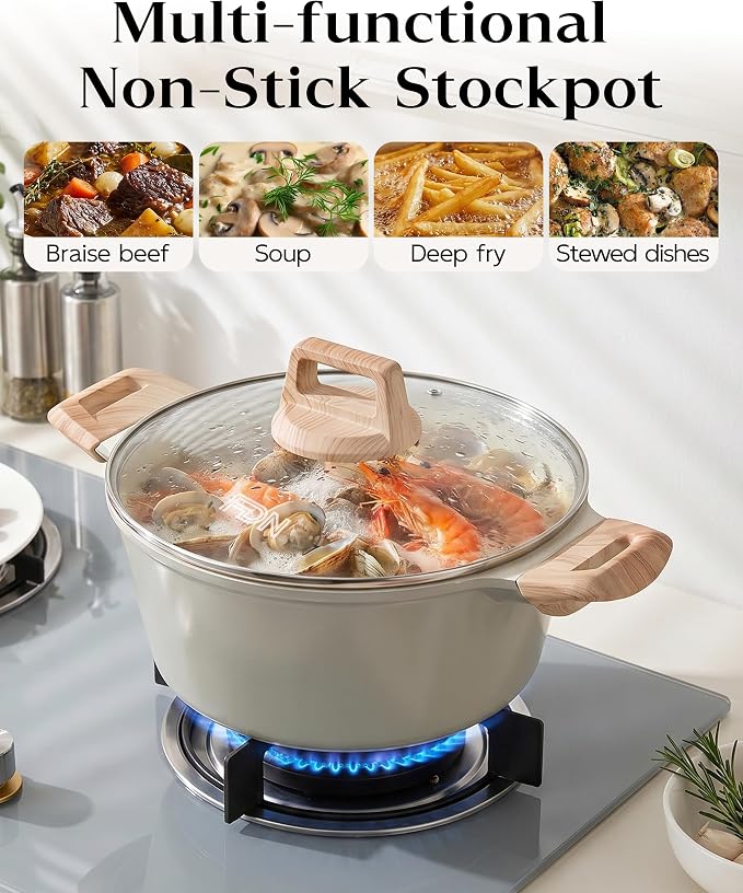 FDN Titanium Ceramic Cooking Pot with Lid, Pfos & Pfoa Free Nonstick Stock Pot, Large Soup Pot, Big Pots for Cooking, Multipurpose Cookware, Ollas Antiadherentes Para Cocinar, Cacerolas, Grey