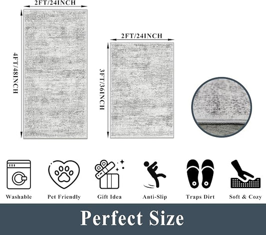 Kitchen Mats for Floor 2 Piece, Non Slip Washable Kitchen Rugs Sets for Floor, Soft Low Pile Kitchen Area Rug for Kitchen Sink Laundry Entryway (Grey Ivory, 2x3+2x4)