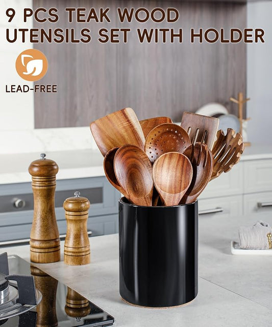 Nucookery Wooden Cooking Utensils Set with Holder, Teak Wood Utensils, Ceramic Holder for Countertop with Protection Cork Bottom, Nonstick Spoons, Cooking Spatula Set, 10 Pcs Kitchen Decor, (Black)