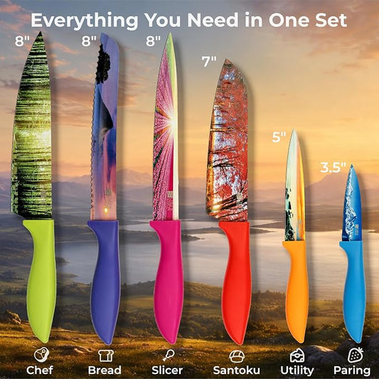 CHEF'S VISION Landscape Kitchen Knife Set – 6-Piece Stainless Steel Knives with Non-Stick Coating, Dishwasher Safe, Nature Design, Unique Gift for Nature Lovers