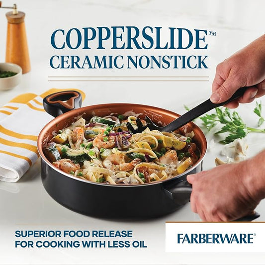 Farberware Glide Ceramic Nonstick Saute Pan / Frying Pan / Fry Pan with Lid and Helper Handle - 4 Quart, Black