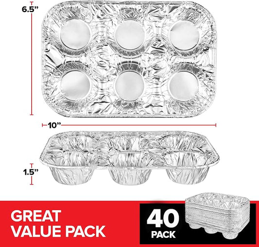 Stock Your Home (40-Count) Disposable Muffin Tins 6-Cup, Standard Size Foil Muffin Pans, Aluminum Cupcake Tin for Baking, To-Go Trays for Bake Sales, Parties, Holidays