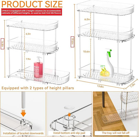 2 Pack 3 Tier Large Pull Out Bathroom Organizers and Storage,13.8โณ Deep Sliding Kitchen Under Sink Organizer for Cleaning Products Storage,Acrylic Clear Bathroom inder Sink Organizer,Undersink Storage