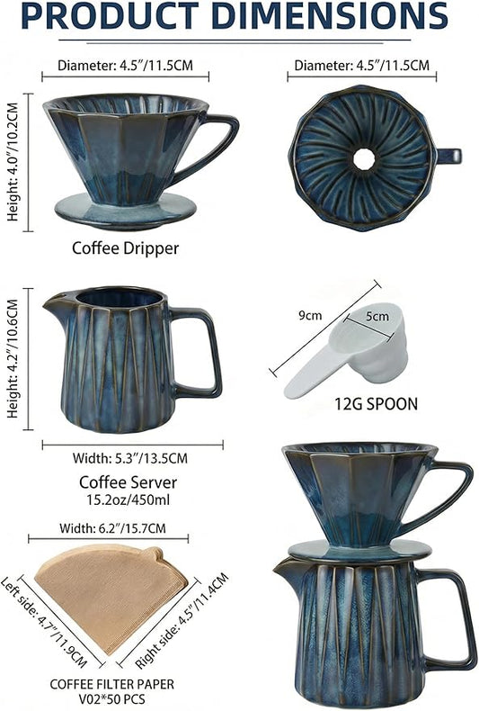Pour Over Coffee Maker Set, Vintage Ceramic Coffee Dripper with 50 Paper Filters, 15oz/450ml, for Home Café Restaurant Camping