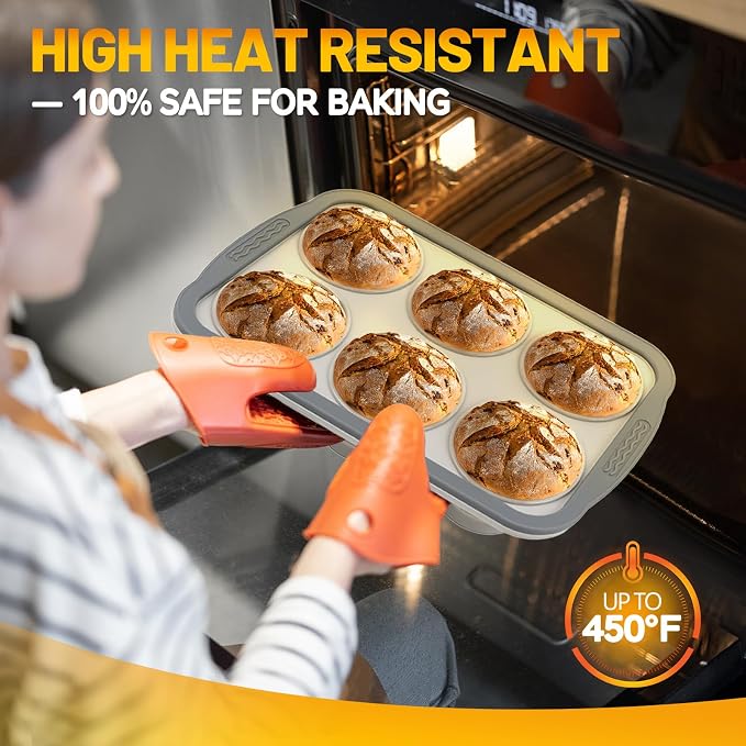 Silicone Muffin Pan, 6 Cups Non-Stick Cupcake Pan, Food-Grade BPA-Free Muffin Tin, Oven-Safe 450 °F, Reinforced Steel Frame, Easy-Grab Handles, Quick-Release 2.7" Baking Molds for Mini Treats
