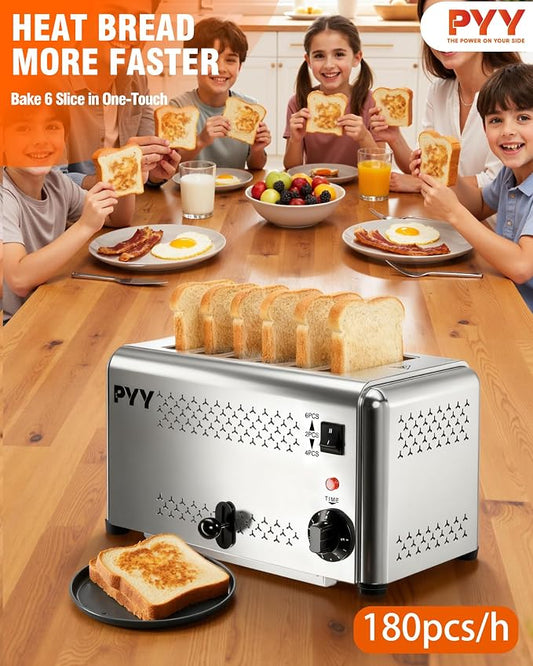 PYY Professional Commercial 6 Slice Toaster - 1800W Stainless Steel Heavy Duty Toaster, 6 Browning Levels, 1.1" Wide Slots, Removable Crumb Tray for Bagels Bread Waffles (Commercial & Home Use)
