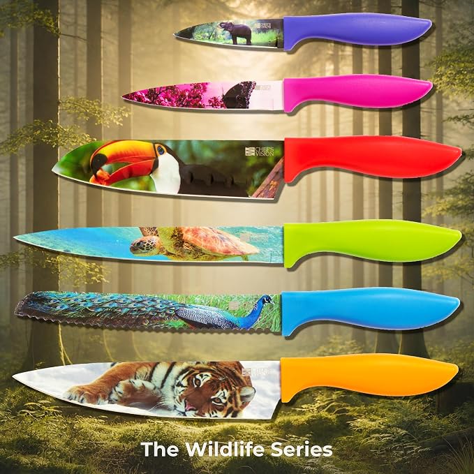 CHEF'S VISION Wildlife Knife Set-6-Piece Stainless Steel Cutting Knives Set for Kitchen with Stunning Animal Designs - Great Gift for Women or Men - Unique Kitchen Knife Set Gift for Nature Lovers