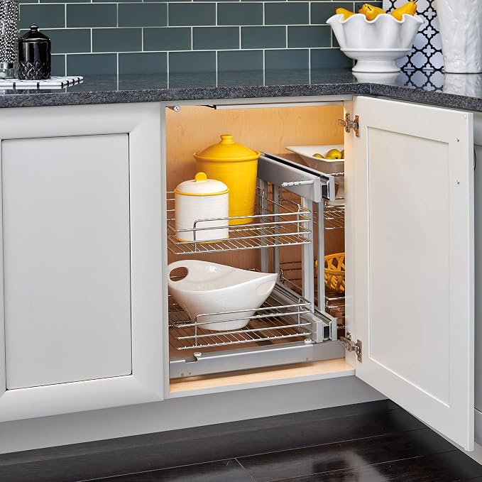 Rev-A-Shelf Chrome Two-Tier Wire Bottom Pullout Organizer for Blind Corner Base Kitchen Cabinets, Adjustable 4-Basket Storage System, Min Opening Width of 18", 5PSP-18-CR