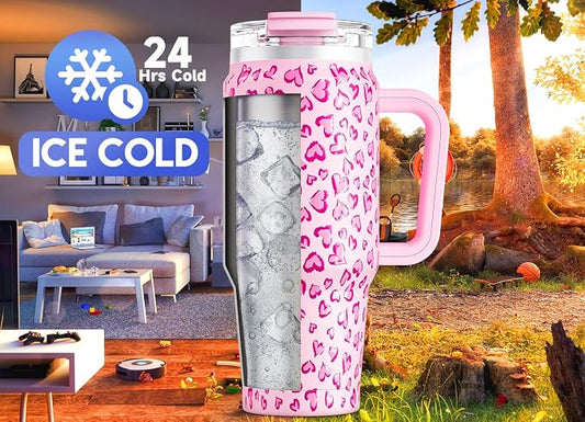 Meoky 32 oz Tumbler with Handle, Insulated Tumbler with Lid and Straw, Stainless Steel Travel Mug, Keeps Cold for 24 Hours, 100% Leak Proof, Fits in Car Cup Holder (Love)