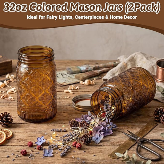 32 oz Amber Mason Jars with Stainless Steel Leakproof Lids, 2 Pack Wide Mouth Colored Glass Jars for DIY Crafts, Wedding Centerpieces, Home Decor, Flower Vase, Bathroom Storage