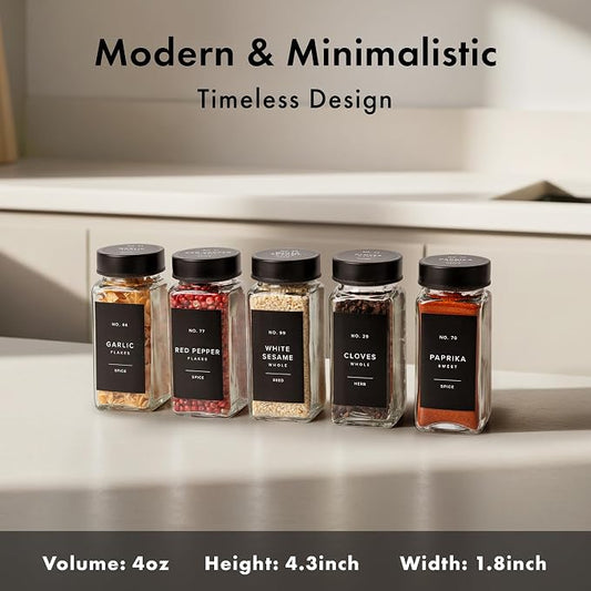 EDELHAUS Glass Spice Jars with Label and Black Lids (24 x 4oz) Spice Containers with 240 Labels, Shaker Inserts, Steel Funnel, Empty Square Seasoning Organizer for Spice Rack, Cabinet, Drawer
