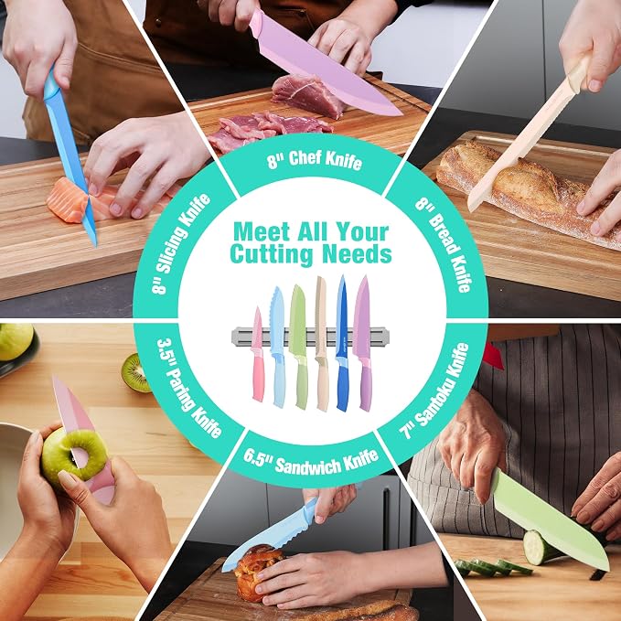 HAUSHOF Kitchen Knife Set with Magnetic Knife Strip for Wall, 6-Piece Colorful Knives Set for Kitchen, Non-Stick Coated Stainless Steel Blades for Slicing, Dicing, Magnetic Knife Holder for Storage