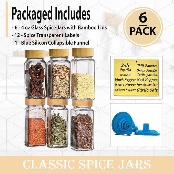 Glass Spice Jars with Bamboo Airtight Lids - (6 Pack) - 4 oz Square Spice Bottles with Shaker Lids - Clear Empty Shaker Seasoning Jars with Preprinted Spice Jars Labels and Collapsible Funnel Included
