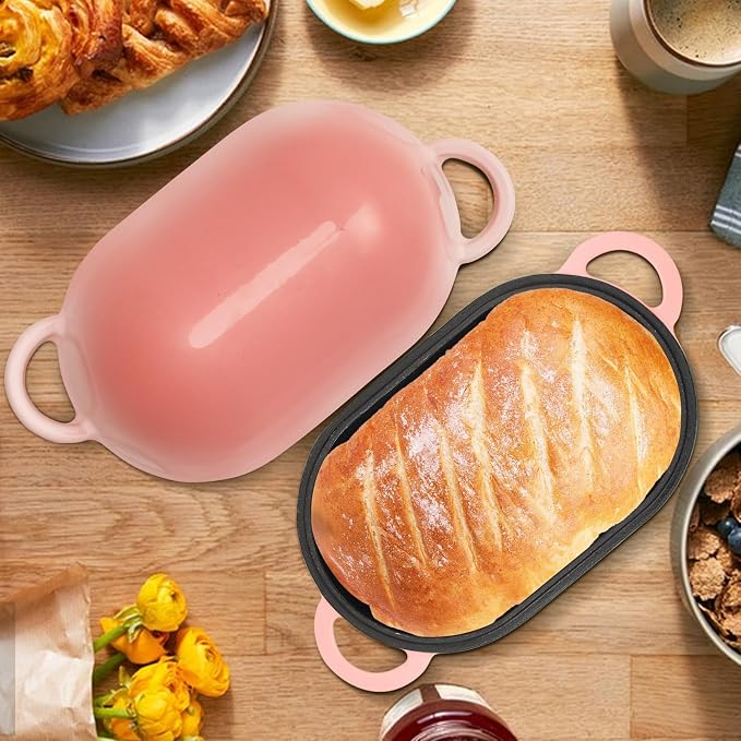Enameled Cast Iron Oval Dutch Oven Pot with Lid, 5 QT Dutch Oven for Sourdough Bread Baking, Bread Loaf Pan with Lid & Bread Oven (Pink)