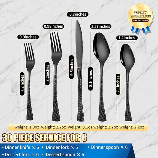Lemeya Hammered Black Silverware Set,30 Piece Modern Flatware Set Service for 6,Mirror Polished Stainless Steel Cutlery Set Utensil Set Tableware Set,Kitchen Knives Forks Spoons Set,Dishwasher Safe