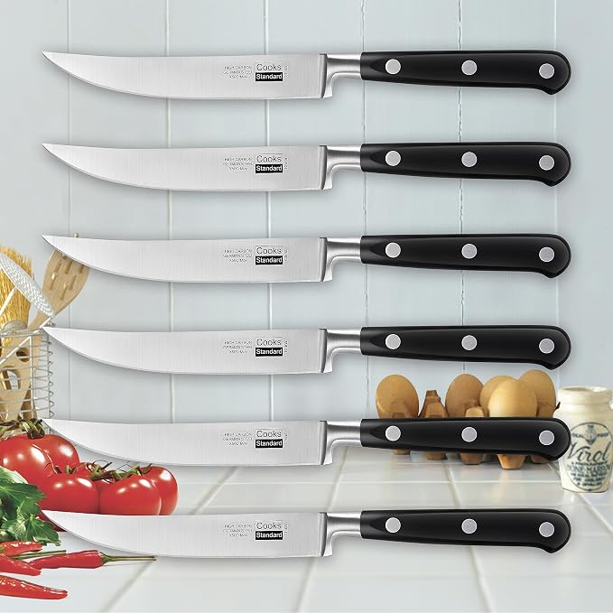 Cooks Standard Classic Cutlery Steak Knives Set, High Carbon Stainless Steel, Ergonomic Handle, 6-Piece, Black