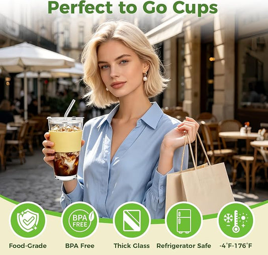 Birity 16oz Glass Cups with Lids and Straws,Glass tumbler With Straw and Lid-Reusable Iced Coffee Cups for Tea, Juice, Smoothies, Mason Jar Drinking Cup for Hot/Cold Drinks at Home,Office,Travel