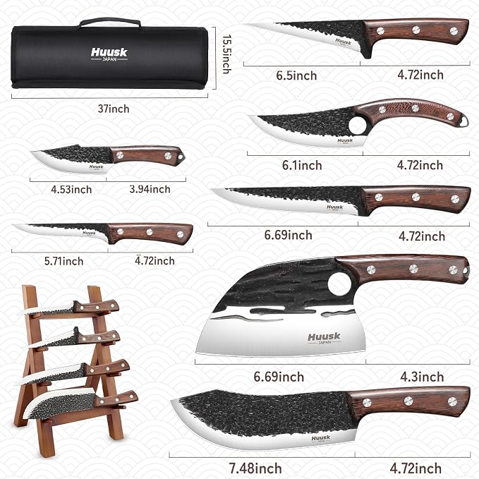 Huusk Butcher Knife Set for Meat Cutting 10pcs Viking Kitchen Serbian Chef Knife with Roll Bag Hand Forged Brisket Knives Meat Cleaver for Men Gift BBQ Outdoor Camping