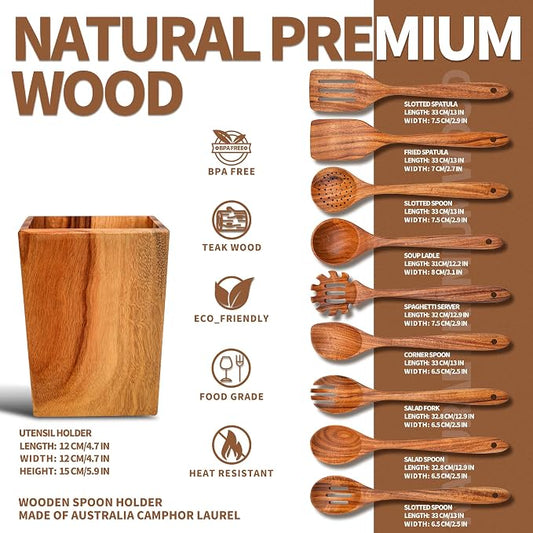 Gudamaye 13 inch Long Wooden Spoons for Cooking, 9 PCS Natural Teak Wooden Kitchen Utensil Set with Utensils Holder Made of Australia Camphor Laurel Wood,Wooden Utensils for Cooking