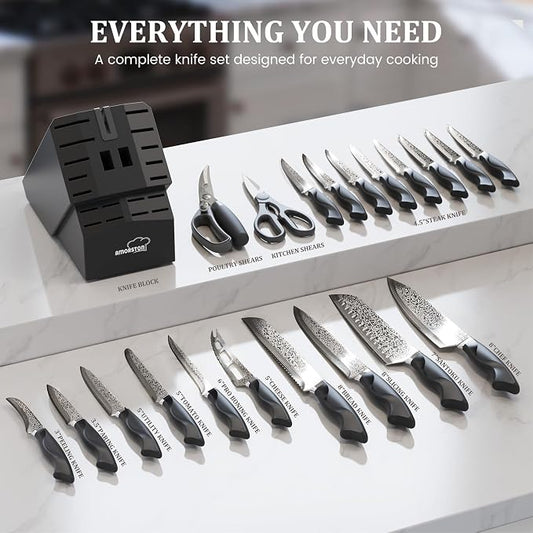 Amorston 22 Pieces Knife Set, Laser Engraved High Carbon Stainless Steel Knife Block Set, Full Tang Professional Kitchen Knife Set with Built-in Sharpener, Fathers Day Gift for Men