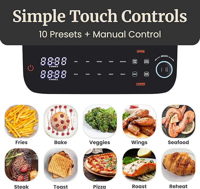 Elite Gourmet EAF6535 Dual Stacked Air Fryer, 10.5 Qt Total Capacity, Family Size, PFAS-Free Dishwasher Safe Nonstick Baskets, Sync Cook & Sync Finish, 10 Presets, 1700W, Black