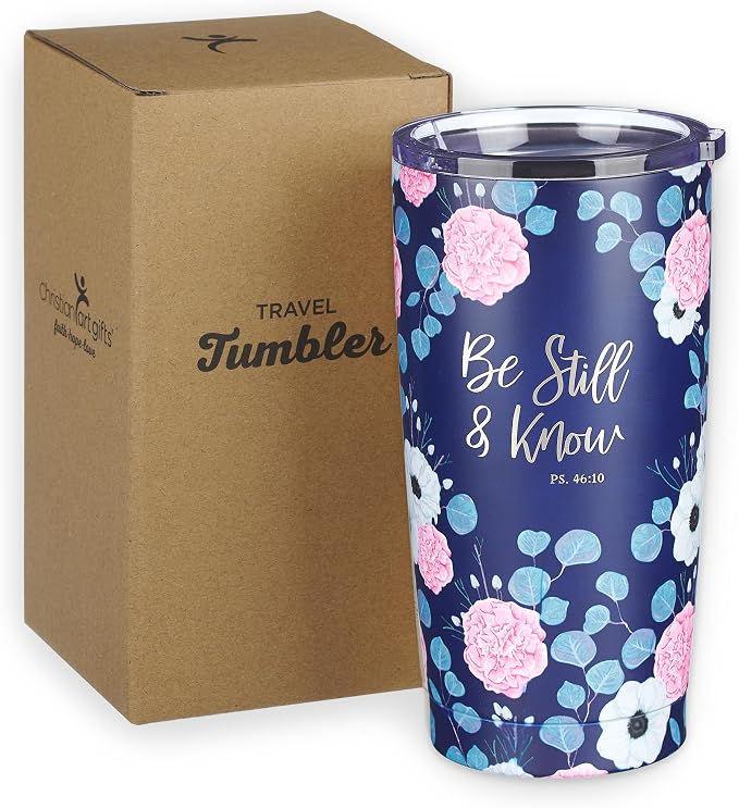Christian Art Gifts Stainless Steel Double-Wall Vacuum Insulated Travel Mug 18 oz Navy Blue with Pink Floral Tumbler with Lid for Women with Inspirational Bible Verse - Be Still & Know -Psalm 46:10