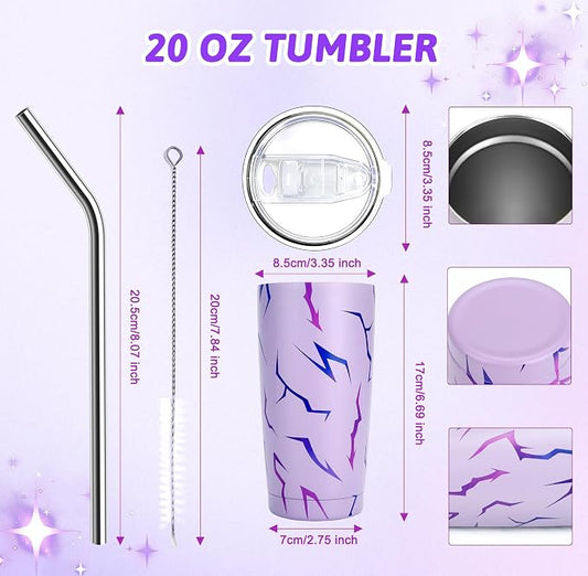 Glowvibe Kpop Cup - Purple Lightning Stainless Steel Reusable Tumbler,20 Oz Insulated Travel Coffee Mug with Lid and Straw for Iced Coffee Smoothie, Korean Pop Gifts for Women Girls Birthday Concert