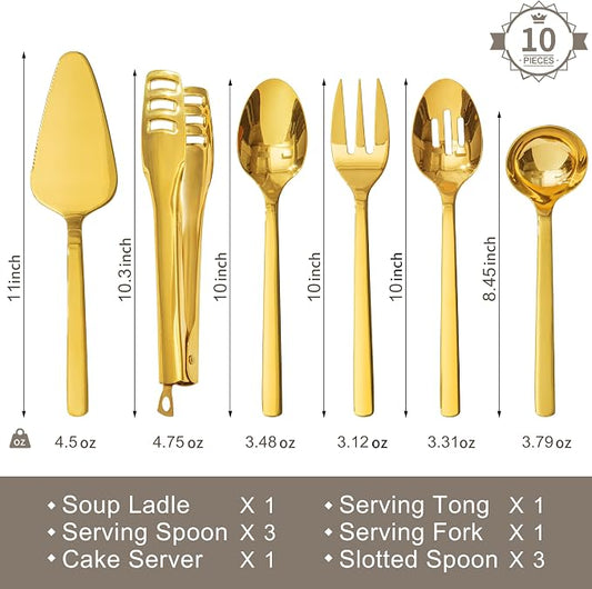 KINGSTONE 10 Piece Large Hostess Gold Serving Utensils Set, Heavy Duty 18/10 Stainless Steel - 10 inch Serving Spoons, Slotted Spoons, Forks, Tongs, Cake Pie Server for Buffet, Wedding, Party