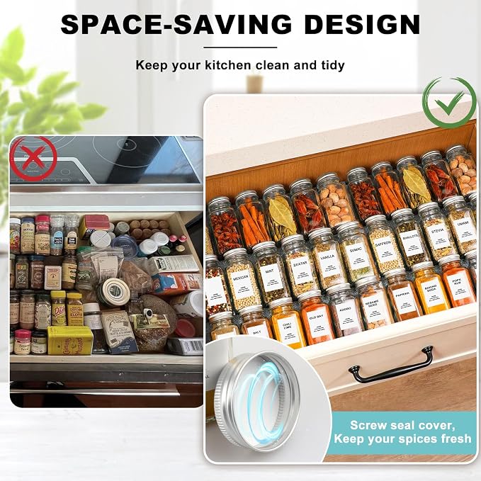 AISIPRIN 24 Pcs Glass Spice Jars with Labels, 4oz Small Empty Square Seasoning Containers Bottles - Shaker Lids, Funnel, Brush,469 Labels and Marker Included