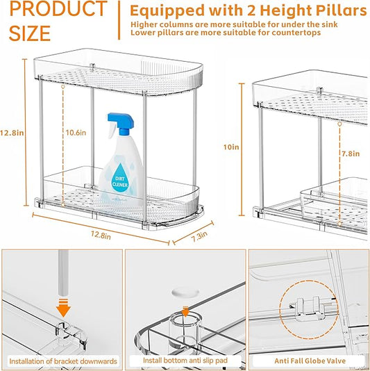 4 Pack Large Pull Out Bathroom Organizers and Storage,2 Tier 12.8โณ Tall Sliding Kitchen Under Sink Organizer for Cleaning Products Storage,Acrylic Clear Bathroom inder Sink Organizer,Undersink Storage