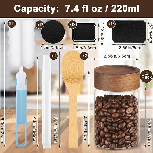 Glass Jar with Airtight Lid, 4 Pack 7oz Glass Canister with Wood Lids, Kitchen Food Storage Containers, Wooden Screw Top Glass Coffee Jars for Sugar, Tea, Oatmeal, Candy, Seasoning, Beans, Salad