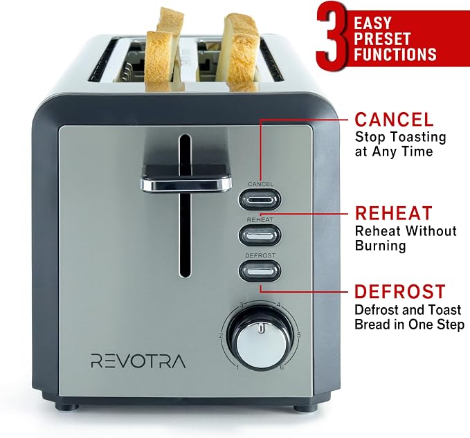 4 Slice Long Slot Stainless Steel Toaster with Extra Wide 1.5” Slots, 6 Shade Browning Settings, Defrost Reheat Cancel Functions, Even Toasting for Artisan & Sourdough Bread, Removable Crumb Tray