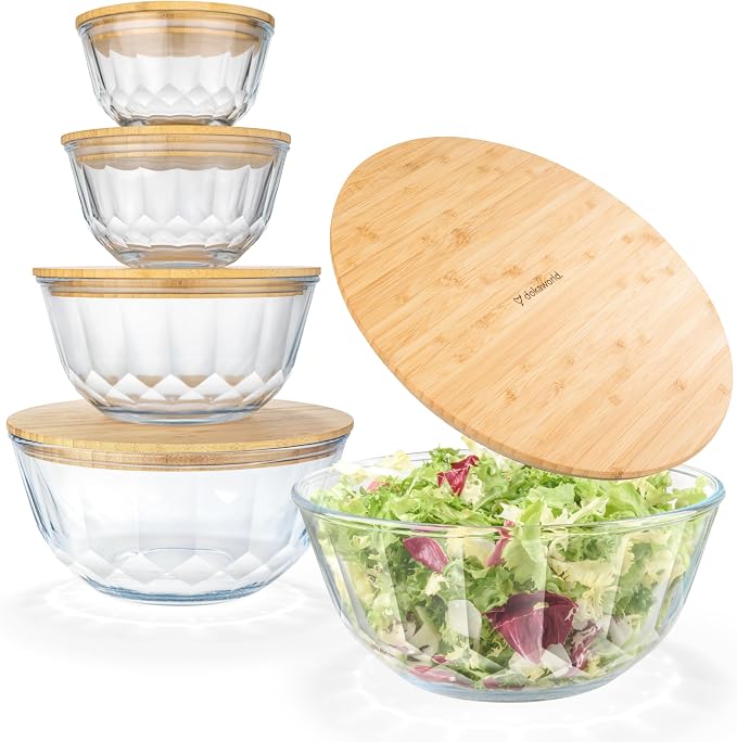 Large Stackable Set of 5 Nesting Glass Bowls with Bamboo Lids for Foodprep, Storage, Baking, Sourdough Mixing & Cooking. Microwave & Oven Safe Heat Resistant Inert Borosilicate Glass