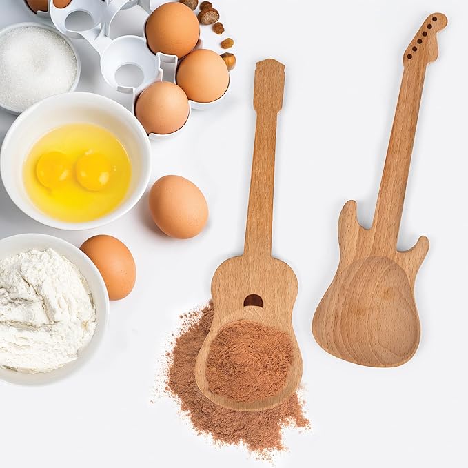 Kikkerland Set of Two Novelty Guitar Wooden Spoons for Kitchen – Beechwood, Heat Resistant, Use with Non-Stick Cookware – Unique Gift for Music Lovers and Cooking Enthusiasts