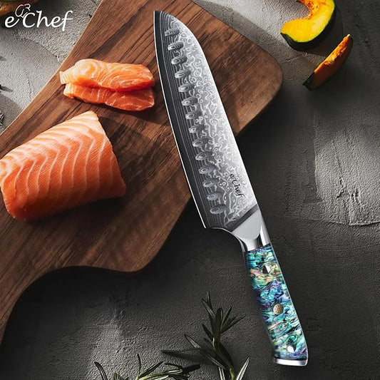 7-inch Hand-Forged Santoku Knife, Professional Chef's Knife, Made of VG10 Steel, Deep Sea Abalone Shell Handle, Damascus Sharp Kitchen Knife, Comes with Gift Box (7.2-inch Santoku Knife)