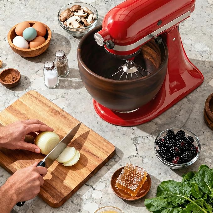 Cofun Premium Wood Mixing Bowl, Compatible with 4.5-5 Qt Tilt-Head Stand Mixers, Natural True Wooden Bowls, 5 Qt Kitchen Aid Bowls for Mixer with Stainless Steel Locking Base