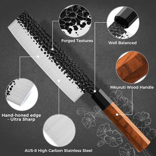 RASSE Japanese Nakiri Knife 7" Kitchen Knife Sharp Meat Cleaver and Vegetable Kitchen Knives Hand Forged High Carbon Japanese AUS-8 Stainless Steel Chef Knife with Rosewood Handle & Gift Box