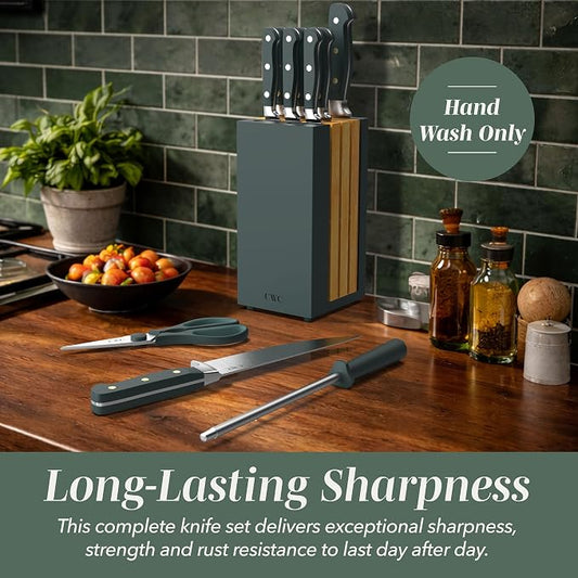 COOK WITH COLOR 14 Pieces Kitchen Knife Block Set, Knives for Kitchen, Forged Cutlery with Razor-Sharp High Carbon Steel Blades, Magnetic Block