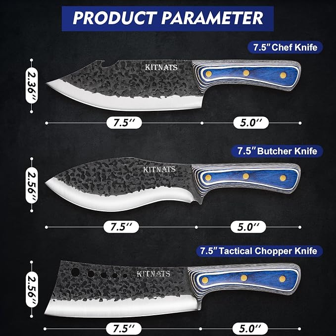 KITNATS 3Pcs Kitchen Knife Set, Hand Forged Butcher Knives Set - Chef Knives & Butcher Knife &Tactical Chopper, Meat Cutting Cleaver for Home Camping BBQ Ideal Gifts