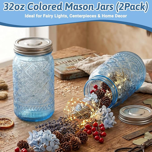 Blue Mason Jars 32 oz with Stainless Steel Leakproof Lids, 2 Pack Wide Mouth Colored Glass Jars for DIY Crafts, Wedding Centerpieces, Home Decor, Flower Vase, Bathroom Storage